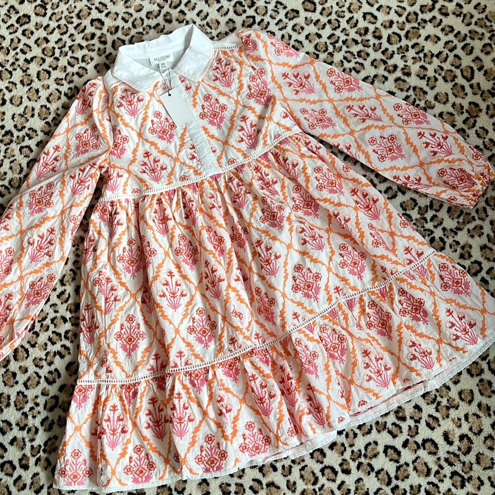 Allison New York White and Orange Embroidered Long Sleeve babydoll Dress
